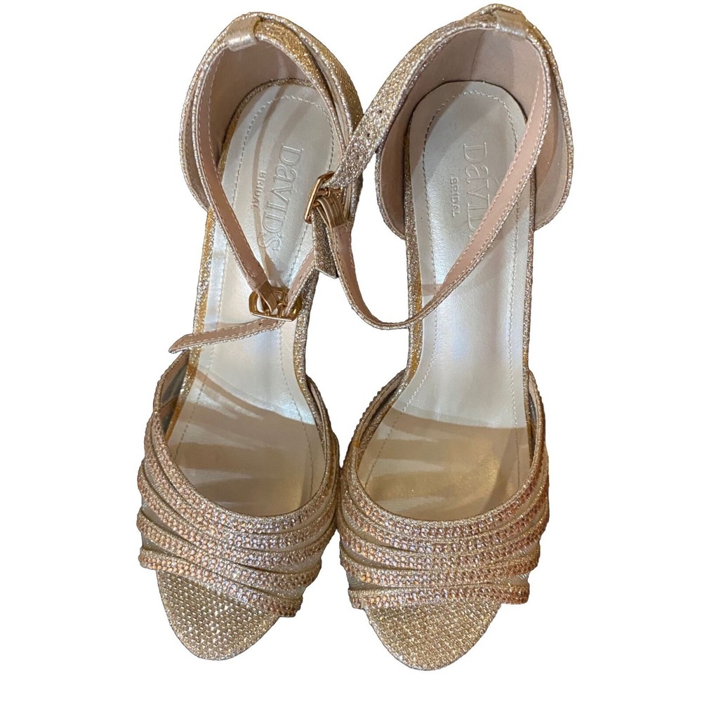 David's Bridal Shoes Strappy Gold ELTON9X Glitter Crystal High Heel Open Toe 7.5